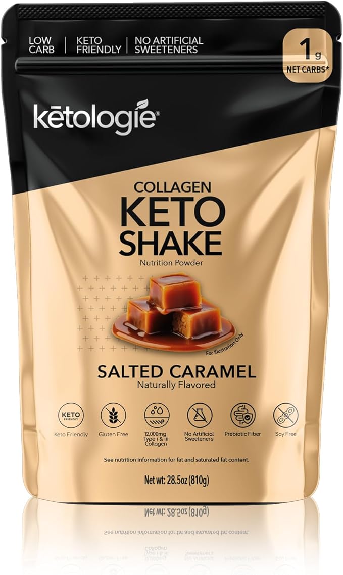 Keto Collagen Shake (Salted Caramel) - with Coconut Oil Prebiotics Grass Fed Hydrolyzed Collagen Peptides Type I &amp III Low Carb Gluten Free1.78lbs. (810g)