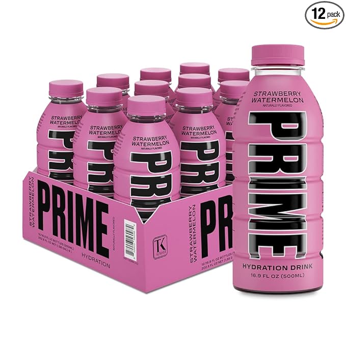 PRIME Hydration STRAWBERRY WATERMELON Sports Drinks Electrolyte Enhanced for Replsnishing Fluids 250mg BCAAs B Vitamins Antioxidants Low Sugar 16.9 Fl Oz 12 Pack