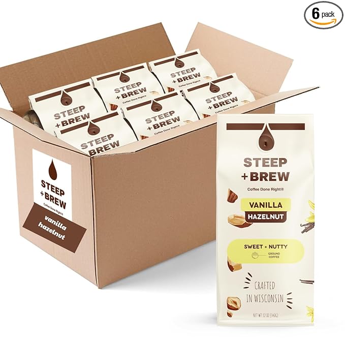 STEEP + BREW Vanilla Hazelnut Coffee | Premium Arabica Flavored Coffee | Ground | Light Roast | 10 oz | PACK OF 6