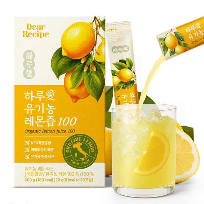 [30 Sticks] Organic 100% Pure NFC Whole Lemon Juice Sticks – 20g Each – Italian Lemon Cold Pressed Product of Korea Non-GMO No Sugar Added