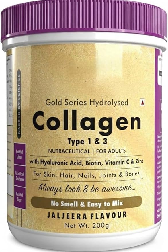 Skin Glow-n-Shine Collagen Powder 200g | Hydrolysed Collagen for Women and Men with Hyaluronic Acid Biotin and Vitamin C for Healthy Skin Hair and Nails - (Jaljeera 200gm)