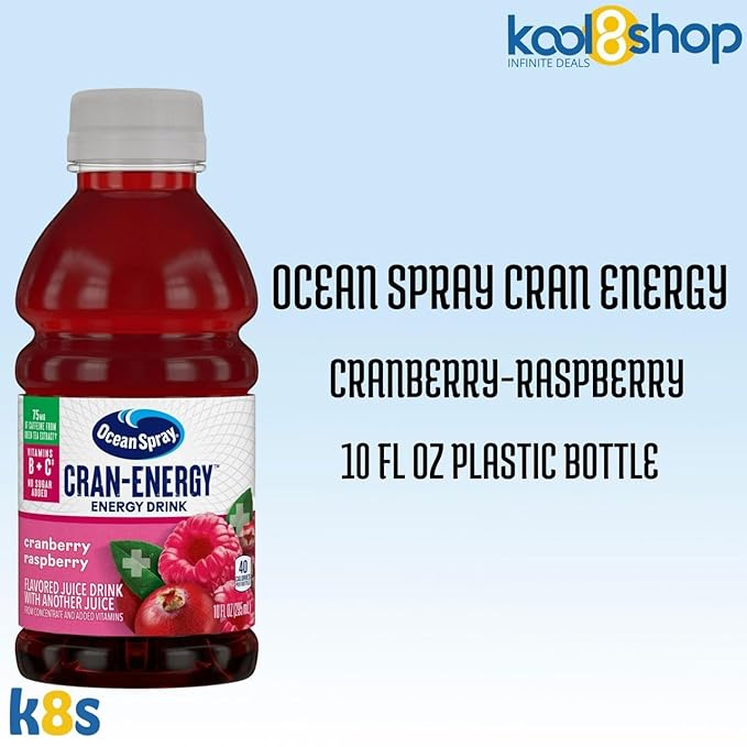 Ocean Spray Energy Cranberry Raspberry Juice Drink 10 fl oz Plastic Bottles 24 Pack + 2 Reusable Snack Bags by KOOL8SHOP Infinite Deals