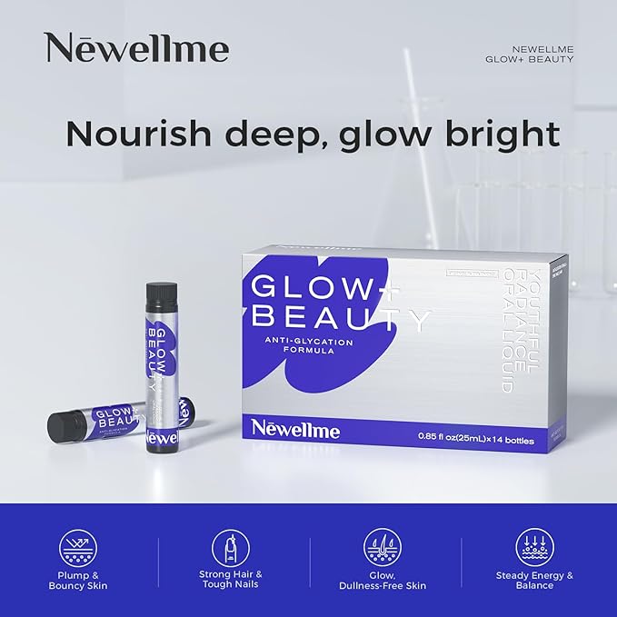 NEWELLME Glow+Beauty Collagen Drink – Liquid Beauty Supplement with Hyaluronic Acid &amp Antioxidant Complex Supports Skin Hydration Hair &amp Nail Strength 14 Bottles