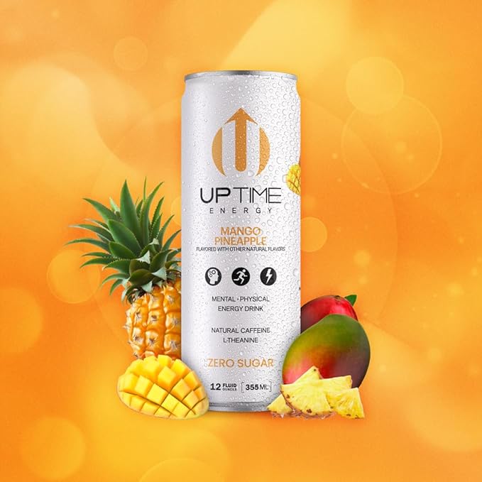 UPTIME Energy Drink Mango Pineapple 12 Pack Vitamin C L Theanine Calcium Sugar Free Energy Drinks for Focus Support 142mg of Natural Caffeine 5 Calories Clean Natural Non GMO 12 fl oz Cans