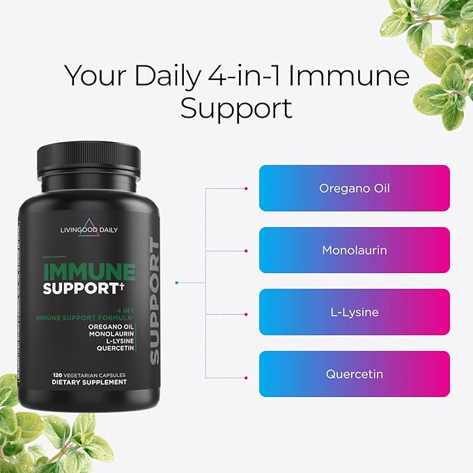 Livingood Daily Immune Support Supplement 4-in-1 Formula with Oregano Oil Monolaurin L Lysine &amp Quercetin Gut &amp Digestive Health Gluten Free Vegan Non GMO Allergen Free 120 Capsules