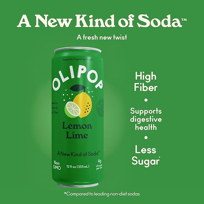 OLIPOP Prebiotic Soda Pop Lemon Lime Pantry Pack Packed with Prebiotics Fiber and Botanicals Gluten Free GMO Free 12oz Skinny (12-Cans)