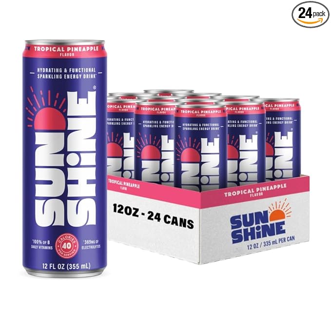 Sunshine Sparkling Energy Drink Tropical Pineapple with Daily Essential Vitamins 360mg of Electrolytes 70mg of Natural Caffeine 12 Fl Oz (Pack of 24)