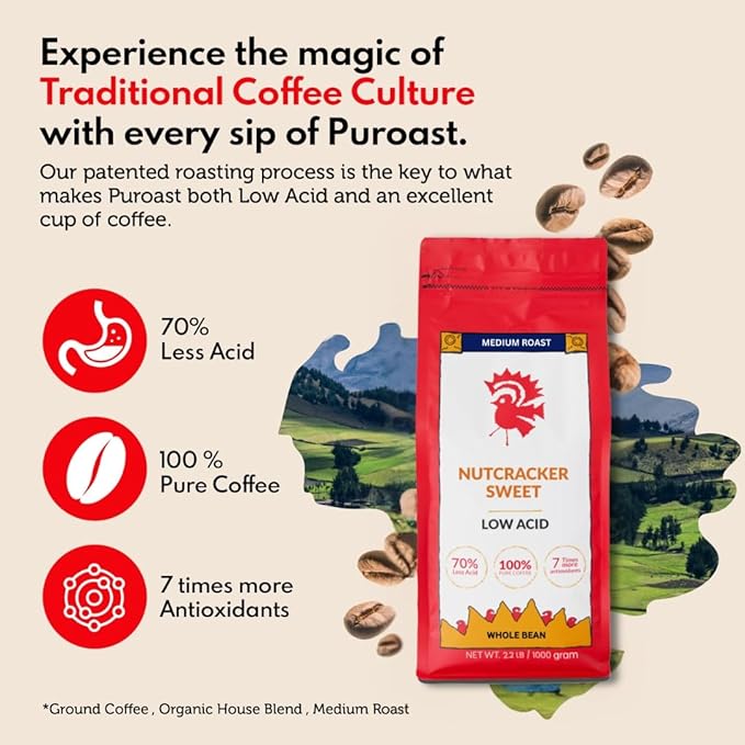 Puroast Low Acid Coffee Flavored Bean | Nutcracker Sweet Whole Bean | Medium Roast | High Antioxidants &amp High pH |No Bitter Aftertaste | Reduced Heartburn &amp GERD | Suitable for Cold Brew - 2.2