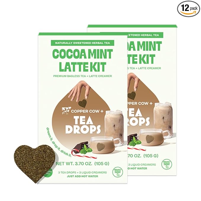 Tea Drops Cocoa Mint Latte Kit | Organic Bagless Tea | Iced or Hot | Caffeine-Free and Microplastic-Free Peppermint Mocha Creamer | Gift Set (2 Pack 6 Servings)