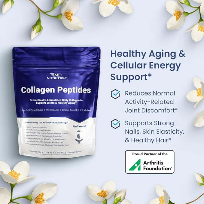 1MD Nutrition Collagen Peptides - Hydrolyzed Collagen Powder Types I &amp III for Women &amp Men - Joint Hair &amp Nail Support - Unflavored - 30 Servings