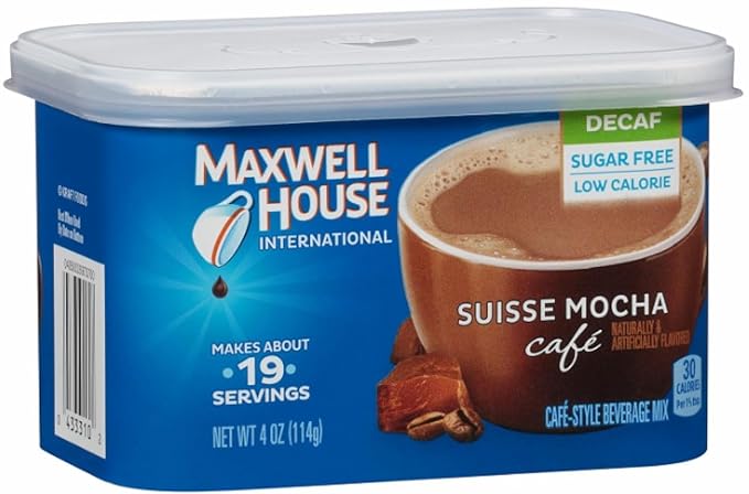Maxwell House International Sugar-Free Decaf Suisse Mocha Beverage Mix 4 oz Tub 4 Pack 2 Packages (4 Tubs)