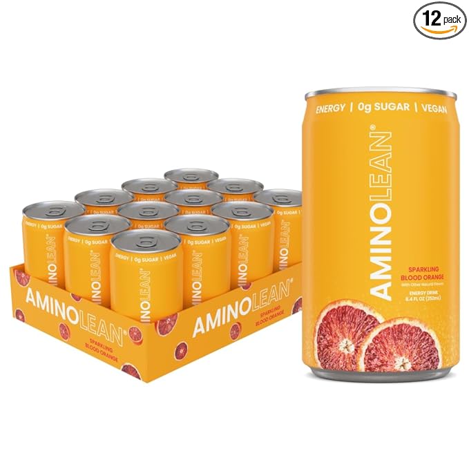 AminoLean Energy Drink MINIS – Sugar Free Anytime Energy with Natural Caffeine &amp Vegan Amino Acids for No Jitters Tingles or Crash Sparkling Blood Orange 8 oz 12 Pack