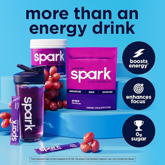 AdvoCare Spark - Energy Drink Mix - Vitamin &amp Amino Acid Supplement - Supports Energy &amp Focus - Portable Immune Support - Sugar-Free - Grape (10.5