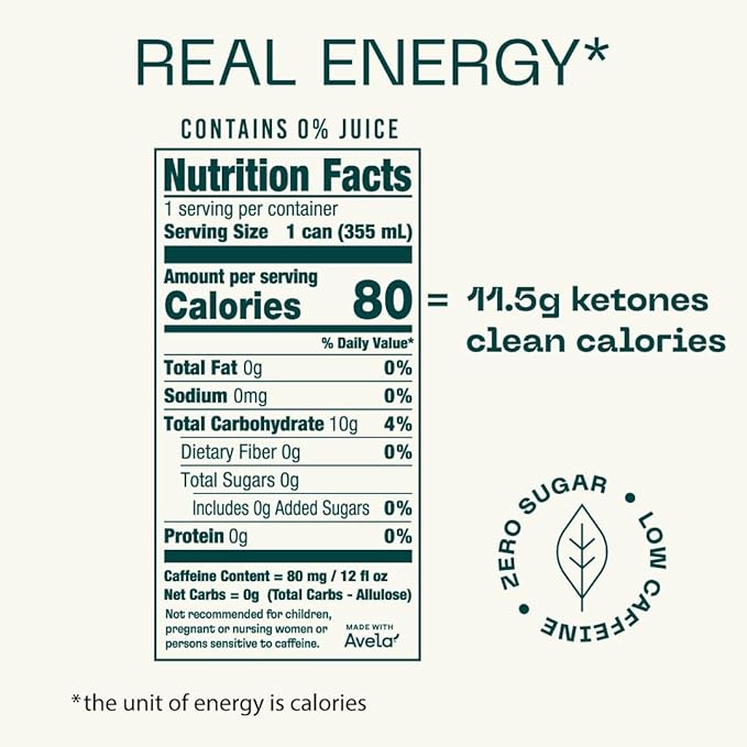 KEY Ketone Drink - Ketones for Energy &amp Focus Sugar Free &amp Low Caffeine from Green Tea with L-Theanine No Crash or Jitters All Natural Lightly Carbonated Grapefruit Peach (Pack of 12)