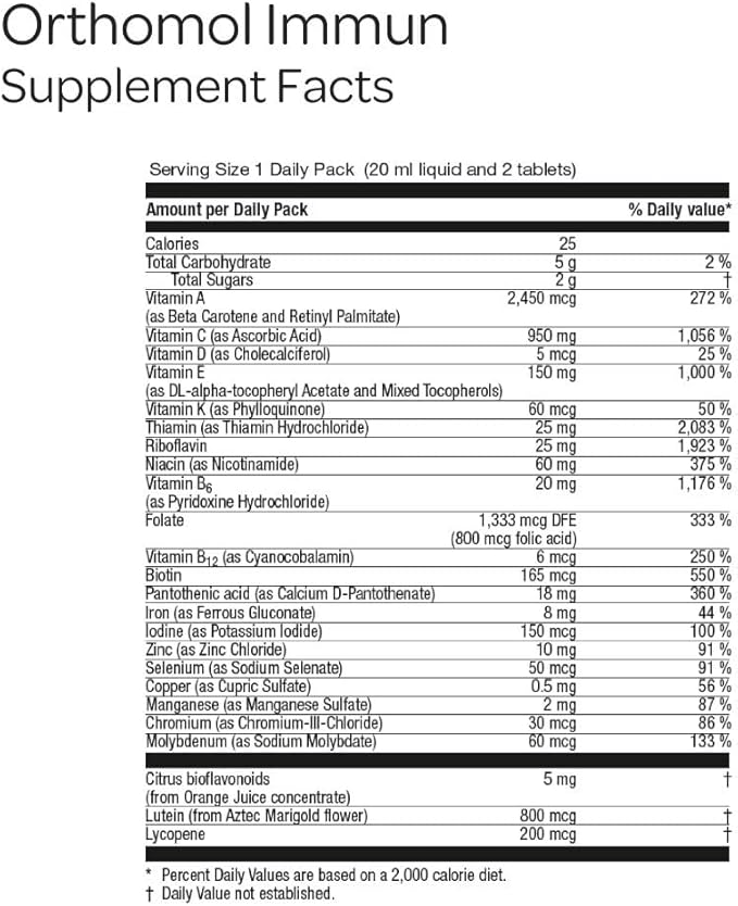 Orthomol Immun Immune Support Supplement Daily Immune System Booster Vitamins A B C D E Zinc Selenium &amp Iodine 30-Day Supply of Tablets &amp Drinkable Vials