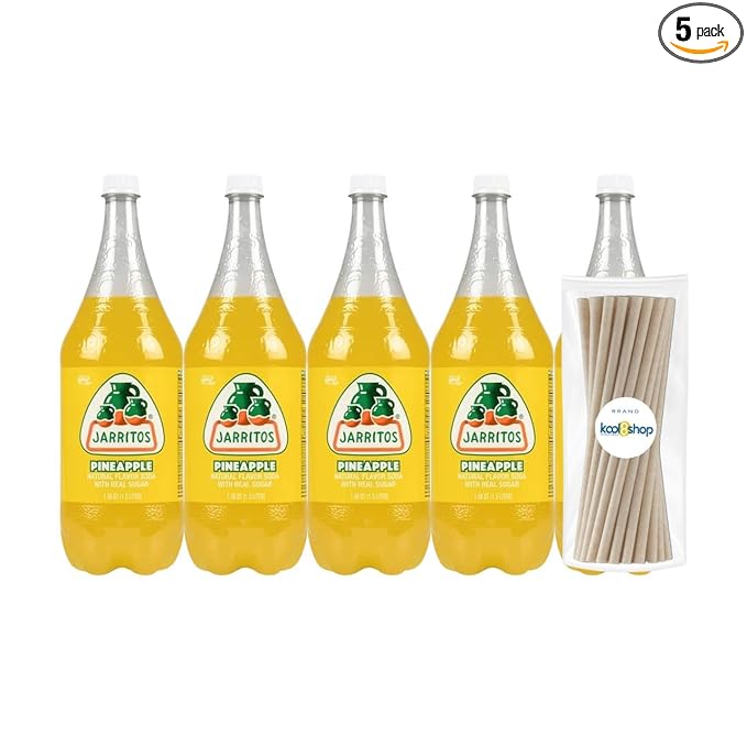 Jarritos Pineapple Mexican Soft Soda Drink 1.5 Lt Plastic Bottles 5 Pack + 15 Sugarcane Disposable Straws by KOOL8SHOP Infinite Deals