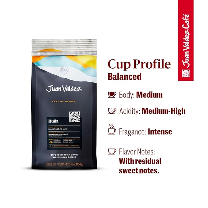 Juan Valdez Huila Whole Bean Coffee | 100% Colombian Coffee | Single Origin with Notes of Ripe Orange &amp Caramel | 16 oz / 454 gr