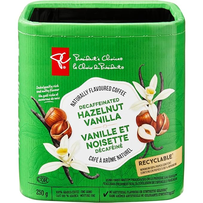 President's Choice Naturally Flavoured Decaffeinated Hazelnut Vanilla Coffee 250g/8.75 oz. Box (Imported from Canada)