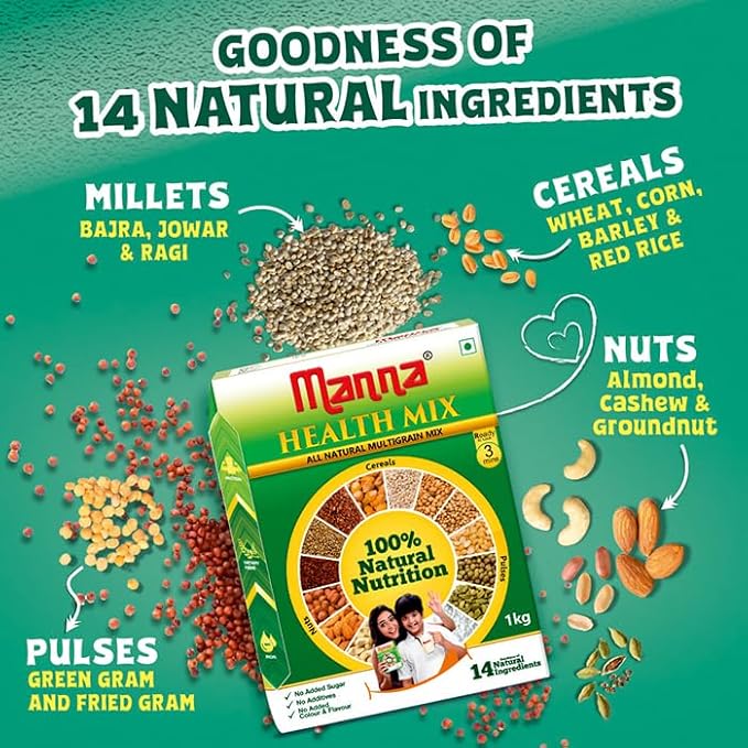 Manna Health Mix | 100% Natural Multigrain Nutrition Drink Kids | Multi Millet Health Drink Mix Powder 2kg (1kg x 2 Packs) | Sathu Maavu | Porridge