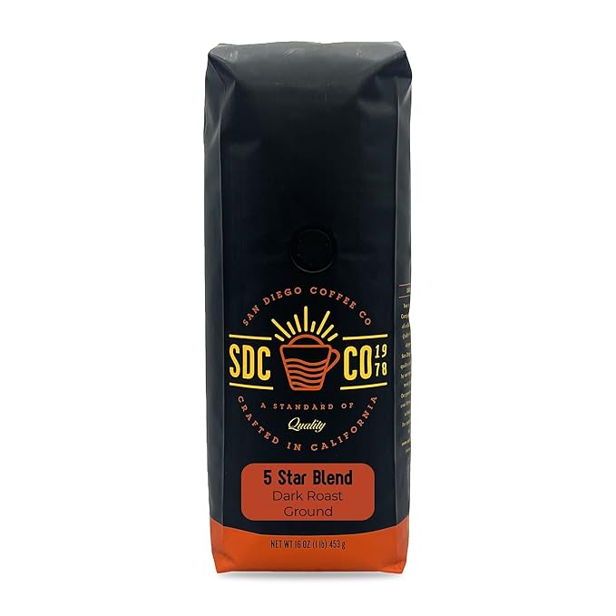 San Diego Coffee 5 Star Blend Dark Roast Ground Coffee 16-Ounce Bag Café molido tostado