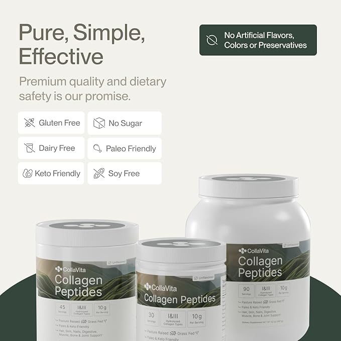 Collagen Peptides Powder Grass-Fed Pasture-Raised Hydrolyzed Collagen Powder Type I &amp III Hair Nails Skin and Joints Non-GMO Paleo &amp Keto Unflavored 16 Fl oz. 2 Pack 45 Servings