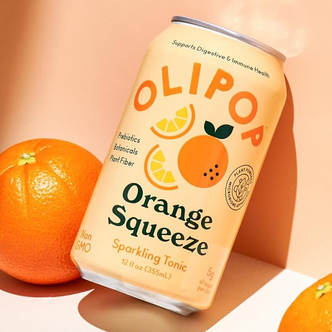 OLIPOP Prebiotic Soda Pop Orange Squeeze A New Kind of Soda Packed with Prebiotics Fiber and Botanicals Gluten Free GMO Free 12oz (12-Cans)