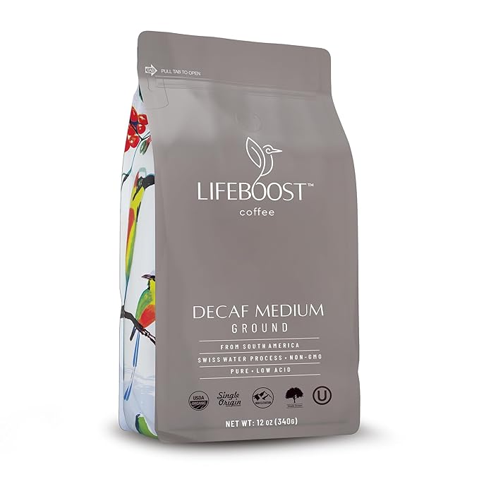 Lifeboost Medium Roast Swiss Water Decaf Coffee Ground - Non-GMO Low Acid Single Origin USDA Decaf Organic Coffee - Third Party Tested For Mycotoxins &amp Pesticides - 12 Ounces