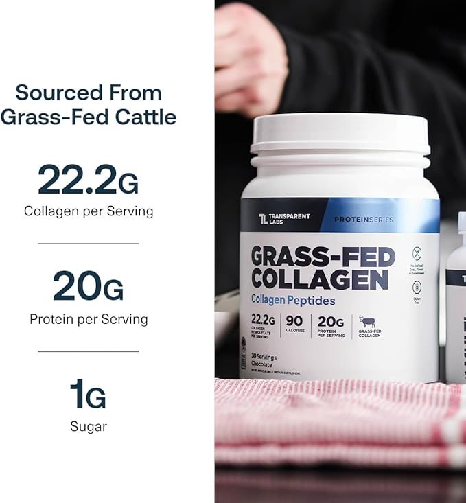 Transparent Labs Grass-Fed Collagen Peptides Powder - Collagen Powder for Women &amp Men 22G Bovine Hydrolyzed Collagen Peptides Powder for Skin Hair Bones &amp Muscle Recovery - Chocolate 30 Se