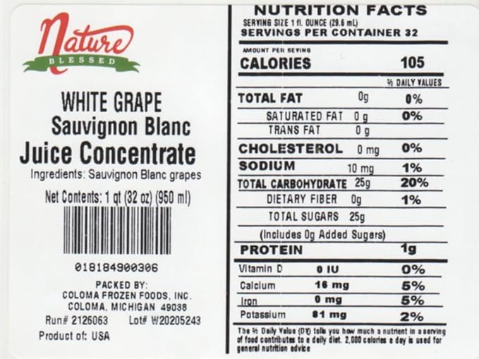 Nature Blessed 100% Pure Sauvignon Blanc White Grape Fruit Juice Concentrate - 1 Quart (1/32 fl oz bottle) Excellent for Home Brewers Vintners Distilling Smoothies