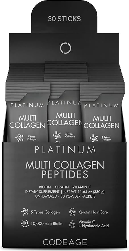 Codeage Multi Collagen and Biotin 10000 mcg + Vitamin C B6 &amp D3 Keratin Hyaluronic Acid Niacin 18 Amino Acids - Stick Packs Supplement - 5 Types Collagen Protein – 30 Powder Packets