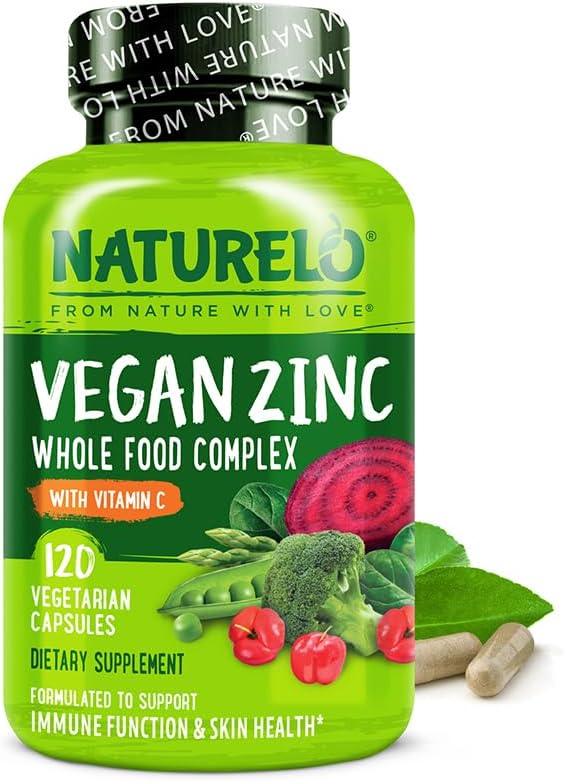 NATURELO Vegan Zinc Immune Support Capsules - Whole Food Complex with Vitamin C for Healthy Skin Hair and Nails - 120 Capsules