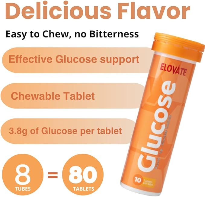 ELOVATE Fast Acting Glucose Tablets Raspberry Flavor – Raise Low Blood Sugar 15g Per Serving Chewable Gluten Free – 8 Tubes (80 Count)