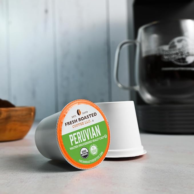 Fresh Roasted Coffee USDA Organic Peru Water-Processed Half-Caf | 3rd Party Tested for Pesticides Mold Mycotoxins Kosher | 100% Arabica Specialty Grade Med Roast 72 Pods for K Cup Brewers
