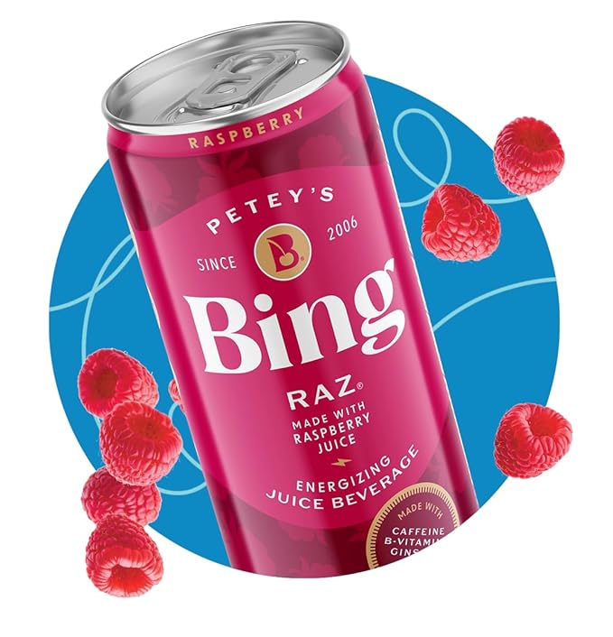 BING RAZ Energizing Juice Beverage – Raspberry (12oz/24pk) – Made with REAL Juice! Only 1g added Sugar Low Calorie 5 B-Vitamins &amp Ginseng 100mg Caffeine Vegan Gluten + Dairy Free. DELICIOUS