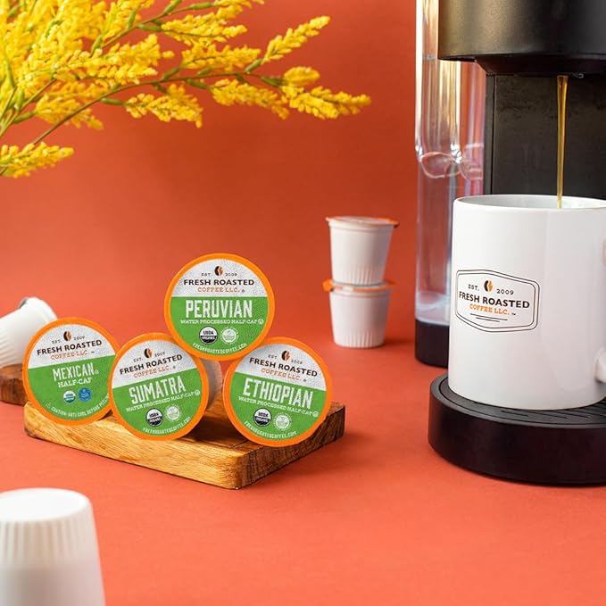 Fresh Roasted Coffee Organic Water-Processed Half-caf Variety Pack | USDA Kosher | K-Cup Compatible 96 Pods