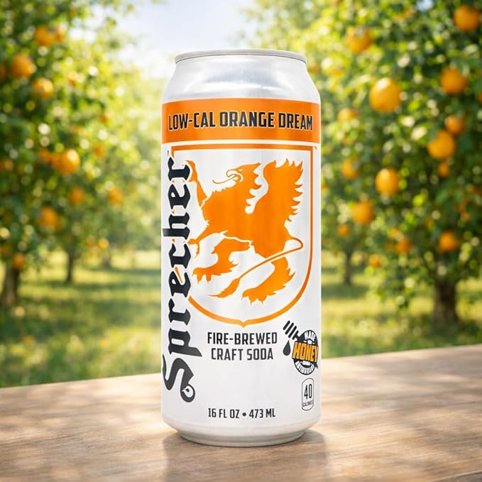 Sprecher Low-Cal Orange Dream Soda 16 fl oz Cans (12 Pack) Fire-Brewed Diet Soda with Real Honey Handcrafted Orange Soda Reduced Calorie Caffeine-Free Gourmet Beverage