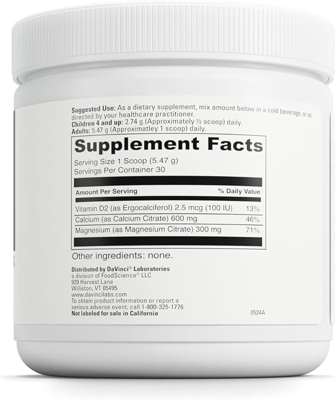 DAVINCI Labs Cal-Mag Citrate Powder - Supports Bone Health* - Dietary Supplement with Vitamin D2 Magnesium &amp Calcium - Vegetarian - Gluten-Free - 30 Servings