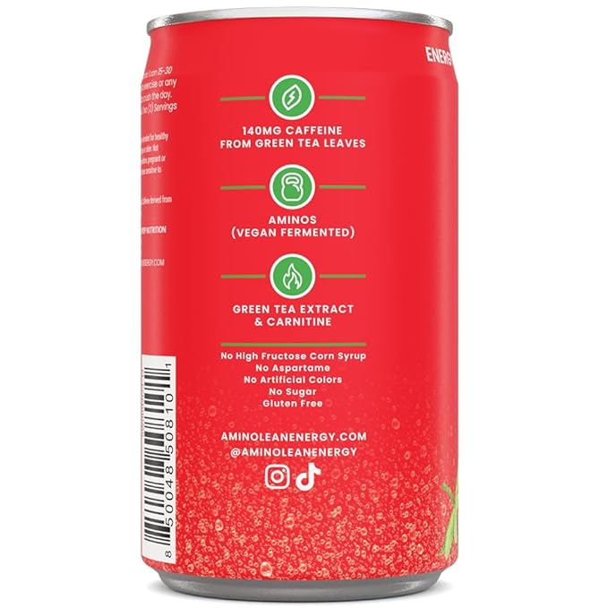AminoLean Energy Drink MINIS – Sugar Free Anytime Energy with Natural Caffeine &amp Vegan Amino Acids for No Jitters Tingles or Crash Strawberry Watermelon 8 oz 12 Pack