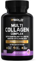 X Gold Health Collagen Complex Types I II III V Biotin 10000 mcg Keratin Hyaluronic Acid Saw Palmetto Vitamins C &amp E Advanced HSN Formula for Men &amp Women 90 Vegan Capsules
