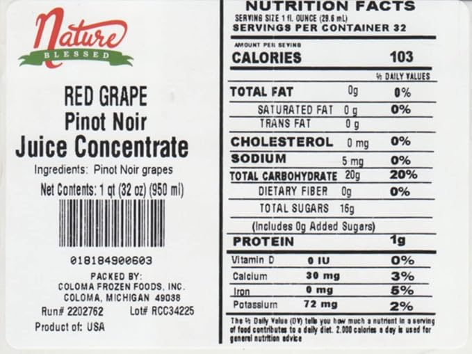 Nature Blessed 100% Pure Pinot Noir Red Grape Fruit Juice Concentrate - 2- Quarts (2/32 fl oz. bottles) Ideal for Home Vintners or Brewers Wine Enthusiasts