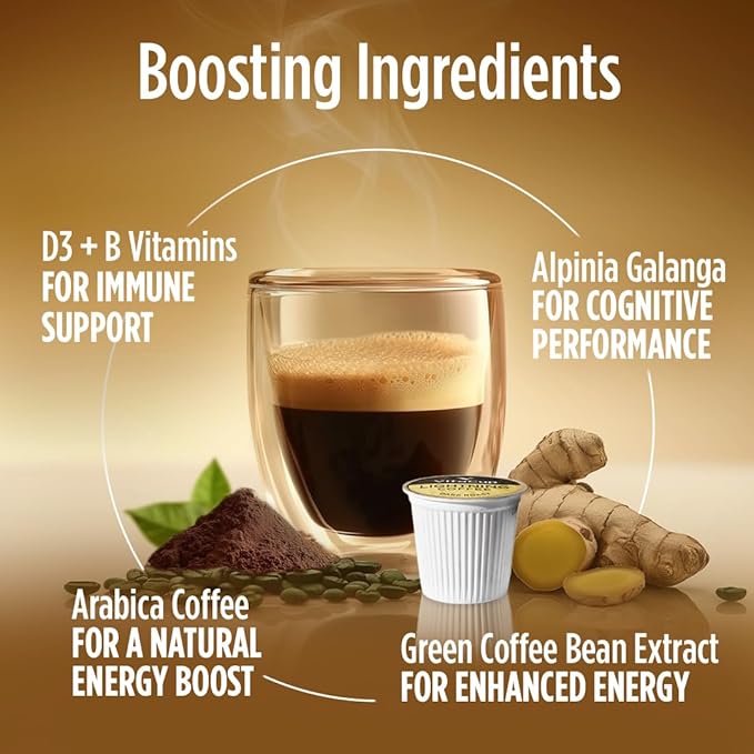VitaCup Lightning Coffee Pods for Memory &amp Focus w/ 2X Caffeine Green Coffee Bean B Vitamins D3 Strong Dark Roast Single Serve Pod Compatible with Keurig K-Cup Brewers 16 Ct