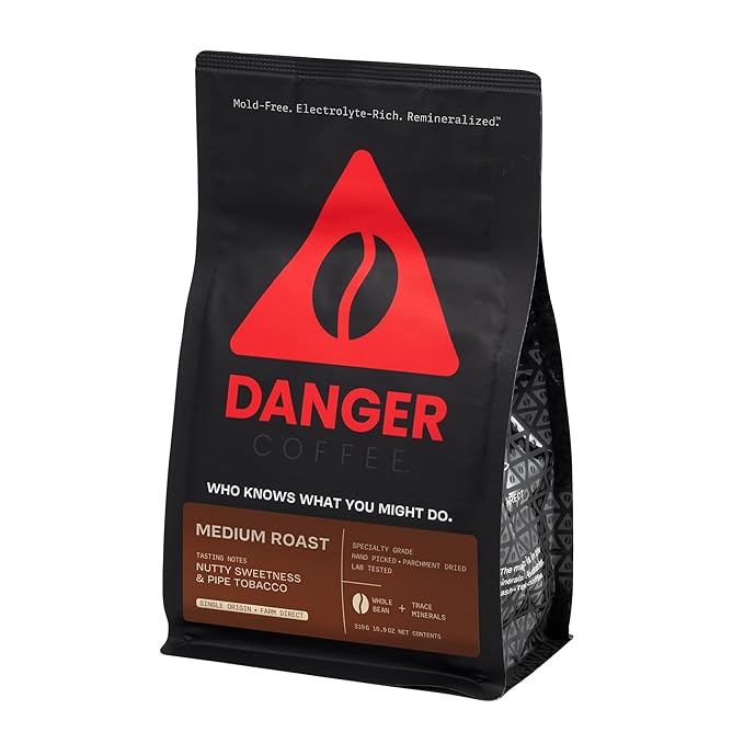 Danger Coffee by Dave Asprey Remineralized Mold Free &amp Lab Tested Whole Bean Coffee Medium Roast 10.9 Ounce