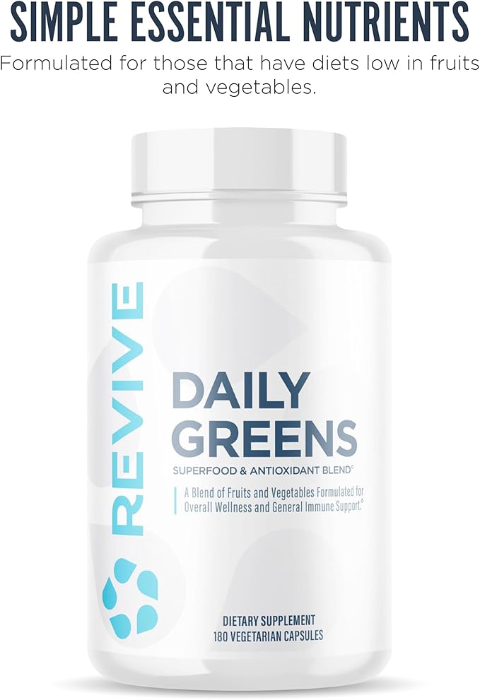 Revive MD Daily Greens Supplement for Men &amp Women - Superfood &amp Antioxidant Blend w/Digestive Enzymes Prebiotics &amp Probiotics for Immune Support Digestive &amp Gut Health - 180 Capsules