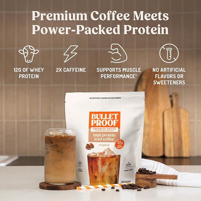 Bulletproof Iced Protein Coffee Original 12g Whey Protein + MCT Oil 170mg Caffeine Instant Coffee from Real Beans Tested for Toxins No Artificial Flavors &amp Sweeteners 14 Servings