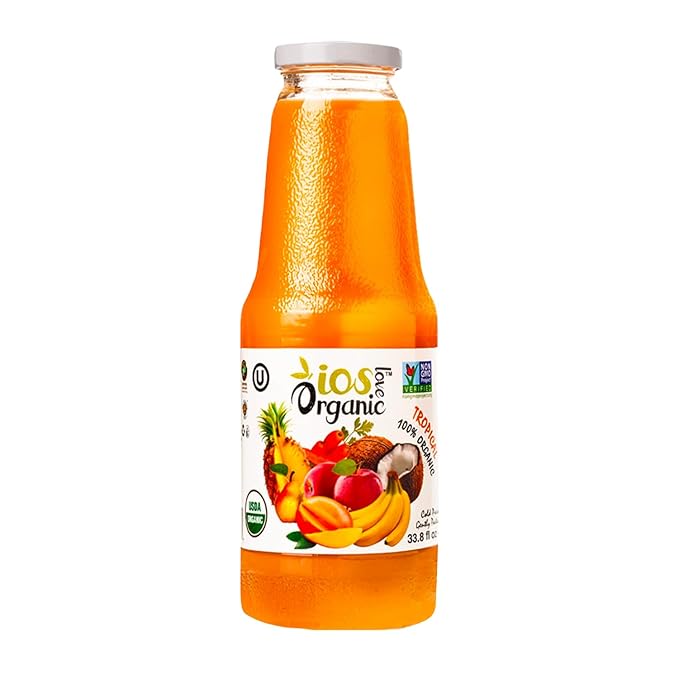IOS Love Organic Juice - USDA Organic Certified - Cold Pressed No Added Sugar No Water No Artificial Colors No Preservatives No Flavors Added No Gluten - 33.8 Fl Oz (Tropical Pack of 2)