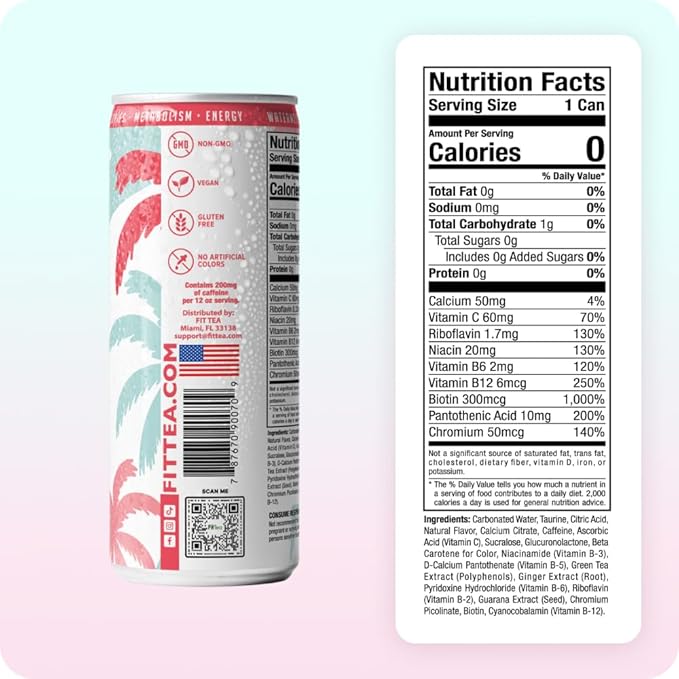 FitTea Healthy Energy Drink 12 Fl Oz - Watermelon Sugar Sparkling Refresher (12 Pack) Zero Calories Natural Green Tea Energy Drinks Sugar Free