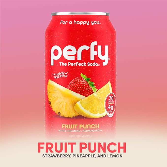 PERFY Caffeine Free Fruit Punch Soda | Made With Real Fruit Juice – Low Sugar Nootropic Drink with L-Theanine + Ashwagandha | Calming Adaptogen Mocktail | Keto + GLP-1 Friendly | Sweetened with Stevia