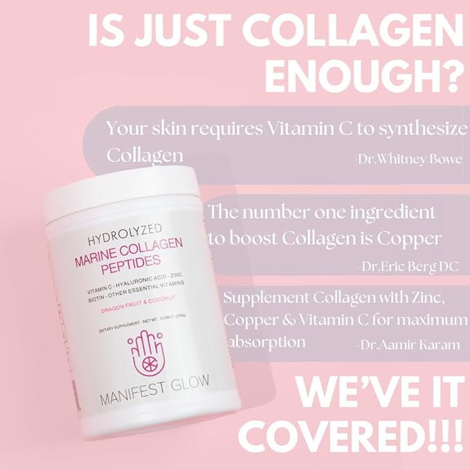 Marine Collagen Peptides - Dragon Fruit Coconut Water Pineapple - Vitamin C Hyaluronic Acid Copper Zinc Biotin Niacin D3 B-Complex - Hair Skin &amp Nails 30 Servings