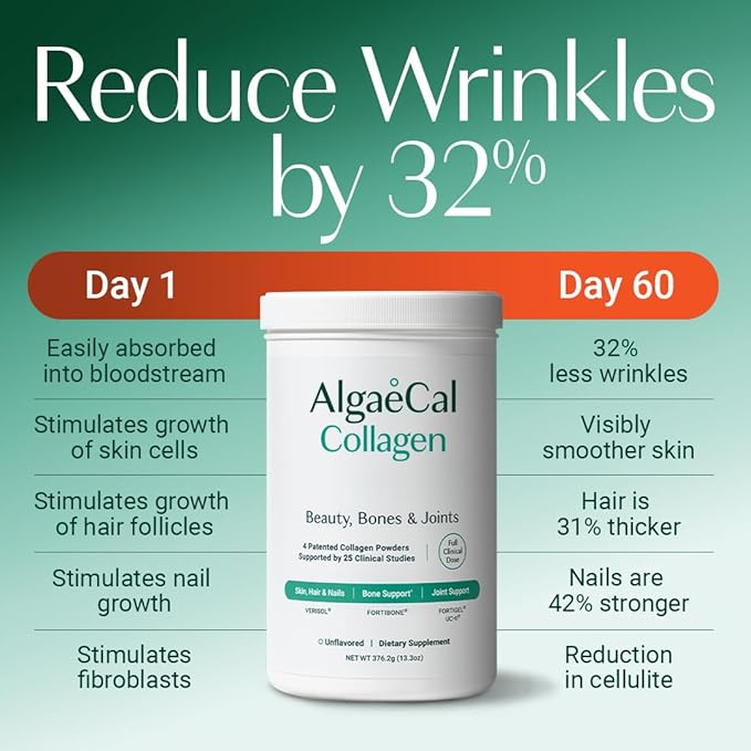 ALGAECAL Collagen: 4 Clinically-Supported Peptides VERISOL® FORTIGEL® UC-II® FORTIBONE® Anti-Aging Hydrolyzed Collagen Powder 30 Servings Made in USA