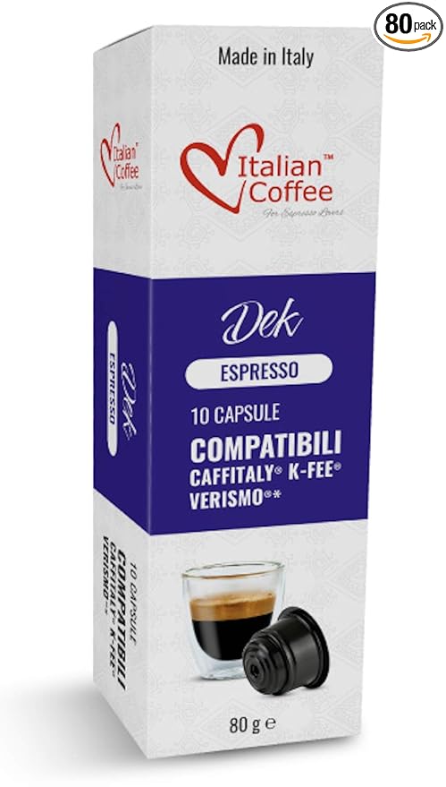 ITALIAN COFFEE FOR ESPRESSO LOVERS Italian Coffee Decaffeinated Espresso capsules compatible with Starbucks Verismo CBTL Caffitaly K-fee systems DEK (80 pods DEK DECAF blend)